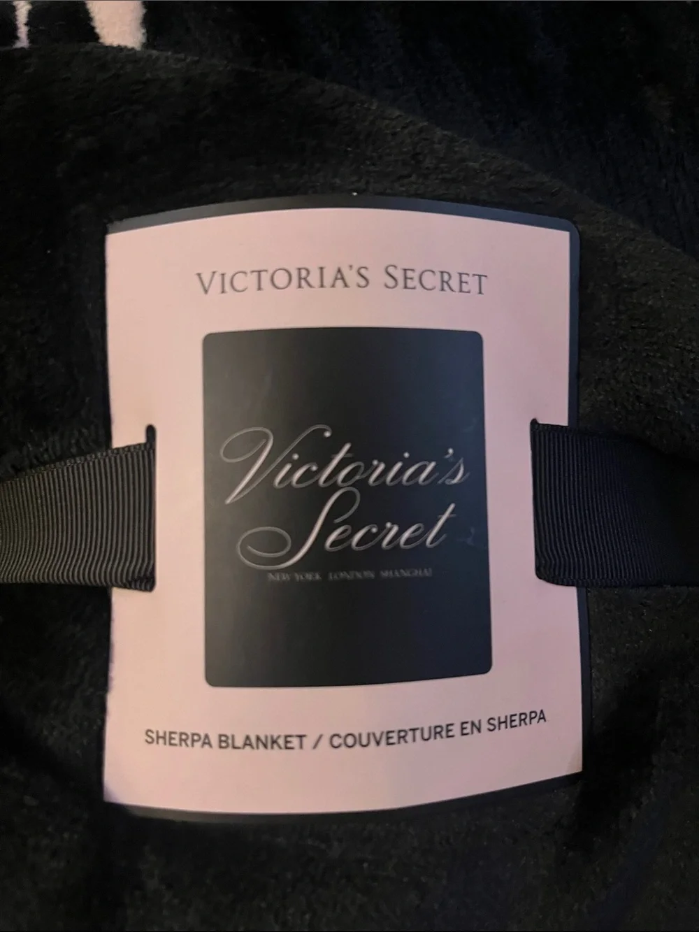 Victoria's Secret Black Plush Sherpa Throw with Pink Accents